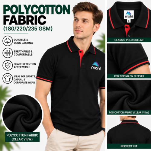 BLACK WITH RED TIPPING Premium Polycotton Contrast-Tipping Polo T-Shirt